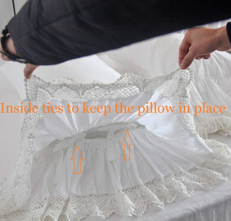 QSH Queen's House White Pillowcases Vintage Farmhouse Crochet Pillow Cover Queen Shams Set of 2-Style F - Image 4